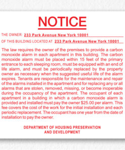 Carbon Monoxide Alarm Notice NYC in Red text