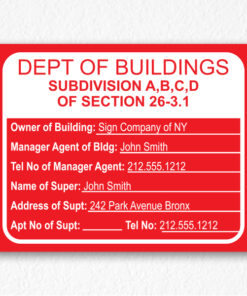 Department of Building Sign with Owner Information NYC in Red