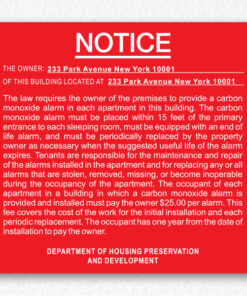 Carbon Monoxide Alarm Notice NYC in Red